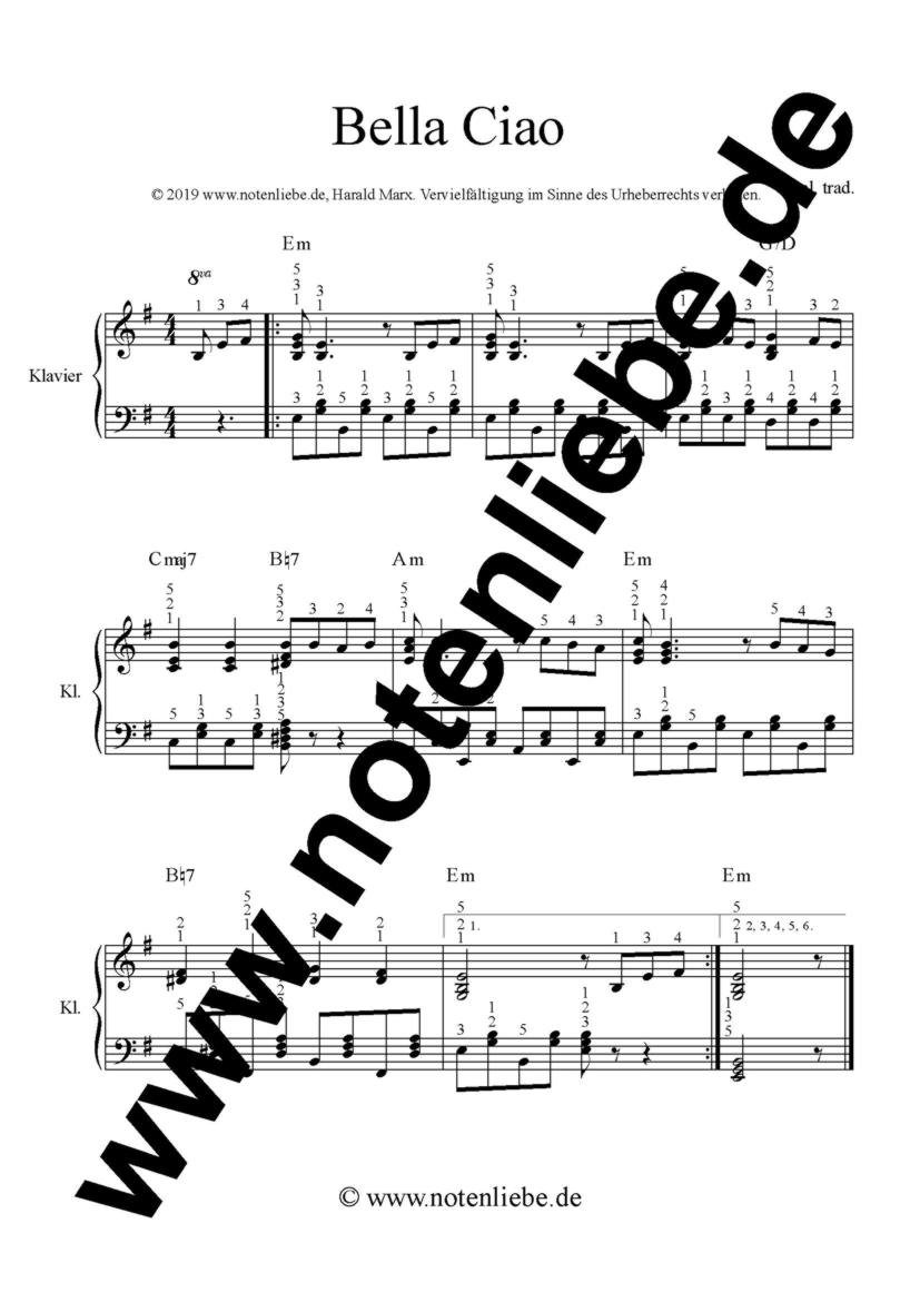 Bella ciao piano sheet music with fingering beginners & advanced players 